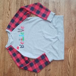 (M) Graphic Holiday "Believe" Long Sleeve Crew Neck Sweater Festive Plaid Soft